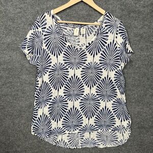 Joie Plus Sz 1X Top Blouse Tan Gray Linen Leaf Print Casual Vacation Cap Sleeves